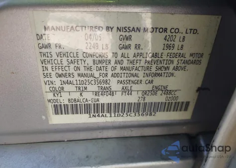 2005 Nissan Altima 2.5 S from USA, damaged, VIN 1N4AL11D25C356982